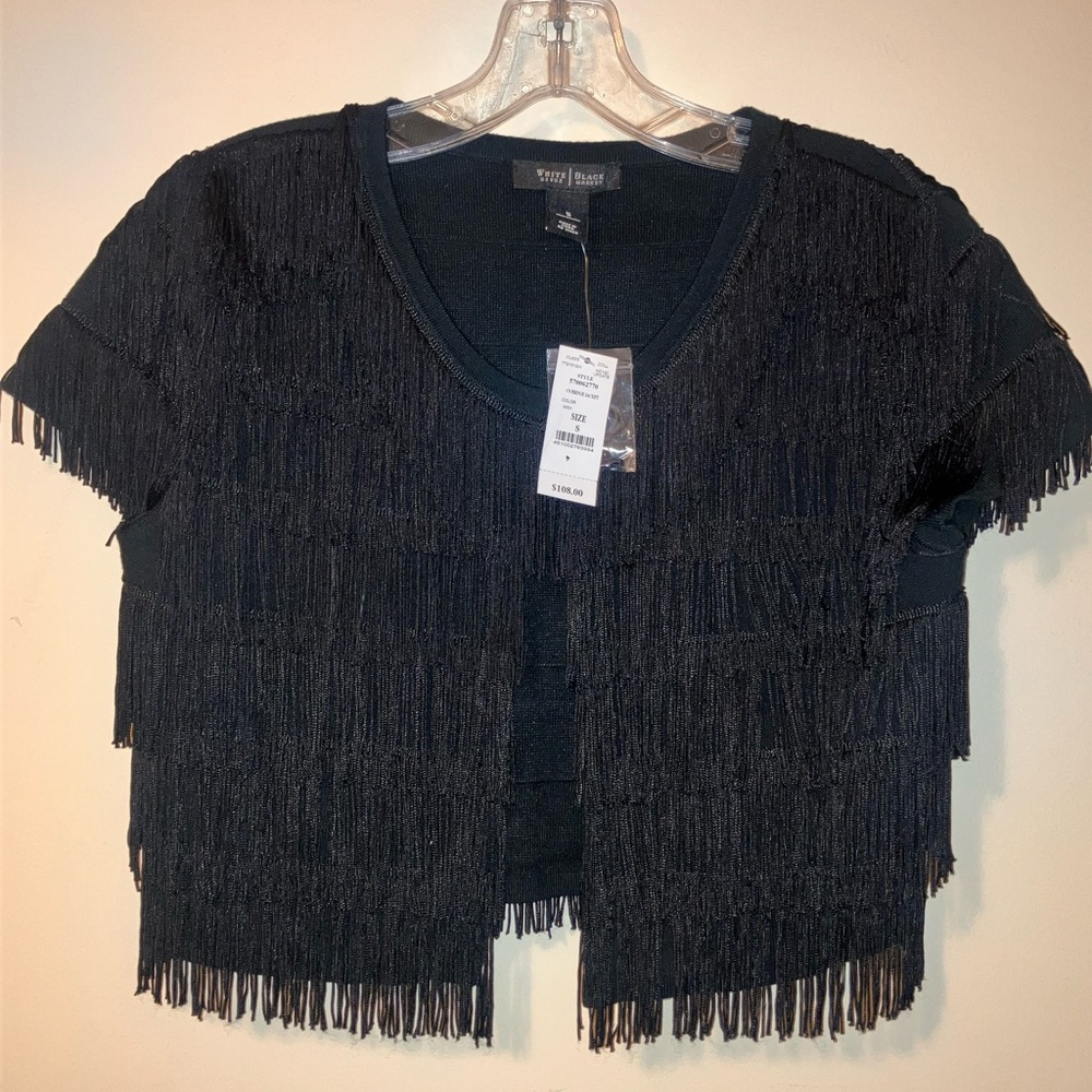 White House Black Market Black Fringe Short Sleeve Crop Top
